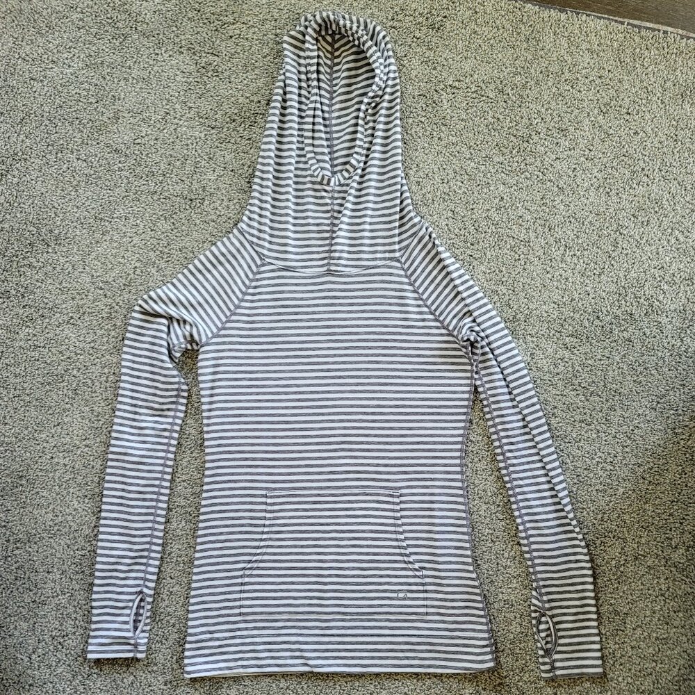 Gap Fit Breathe XS Grey &  White Stripe Funnel Neck Hoodie XS with Thumbholes - Picture 6 of 13